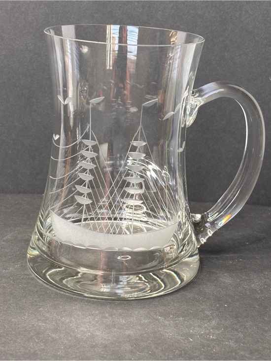 Javit Crystal Other - VTG Javit Crystal Clipper Schooner Ship Etched Glass Beer Mug Stein